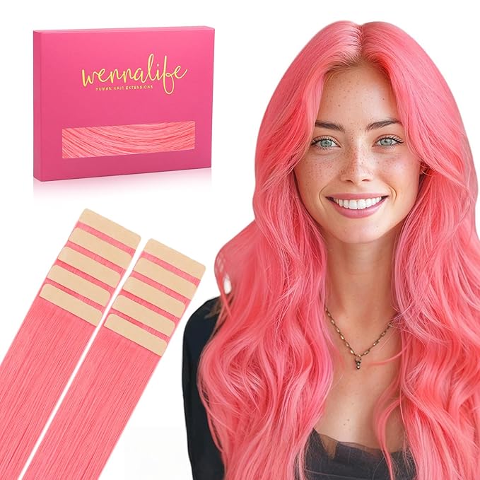 WENNALIFE Tape in Hair Extensions Human Hair Light Pink Tape in Extensions, 10pcs 25g 16 inch Remy Invisible Tape Ins Straight Colored Soft Real Human Hair Tape in Extensions Refill Set Extensions