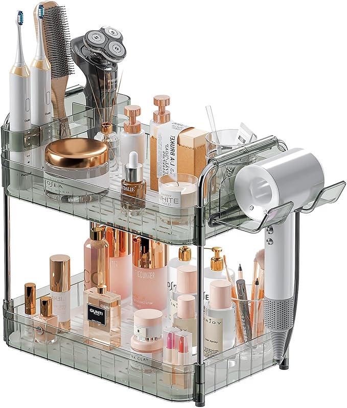 Bathroom Countertop Organizer,Makeup Counter Organizer With Hair Dryer Holder,Compatible with Dyson Blow Dryer,Electric Toothbrush And Toothpaste Holder,2-Tier Detachable Design,Gem Green