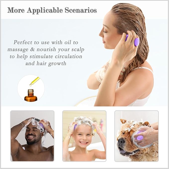 FREATECH Hair Scalp Massager Shampoo Brush with Soft Silicone Bristles for Scalp Care and Hair Growth, Shower Head Scalp Scrubber Exfoliator for Dandruff, Wet & Dry for Men, Women and Kids, Purple