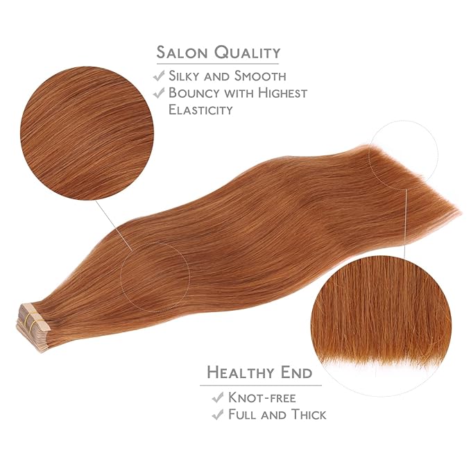 WENNALIFE Tape in Hair Extensions Human Hair, 20pcs 40g 12 inch Dirty Ginger Remy Hair Extensions Straight Human Hair Tape in Extensions Skin Weft Tape Extensions Human Hair