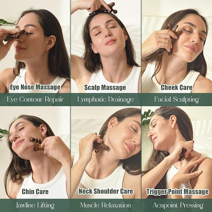6-in-1 Gua Sha Tool for Face & Body, Natural Sandalwood – Lymphatic Drainage, Jaw Lifting & Nose Sculpting, Head Scalp Massage Comb for Stress Relief, Home Office Self Care Gifts for Women