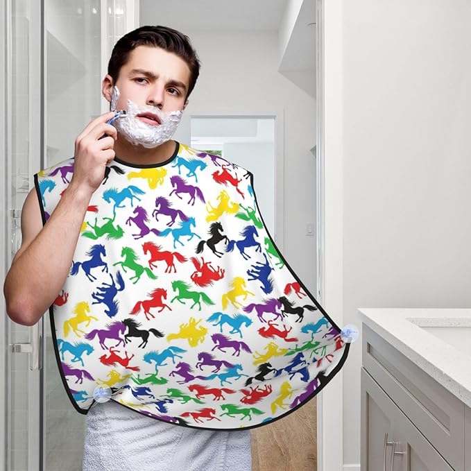 Beard Grooming Cape, Waterproof Hair Catcher for Shaving Trimming, Non-Stick Bib Apron Gifts for Dad Men, Colorful Horse Art Shave Bib