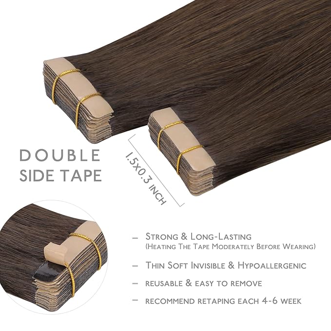 WENNALIFE Tape in Hair Extensions Human Hair, 20pcs 60g 26 inch Light Dark Brown Remy Hair Extensions Straight Human Hair Tape in Extensions Skin Weft Tape Extensions Human Hair