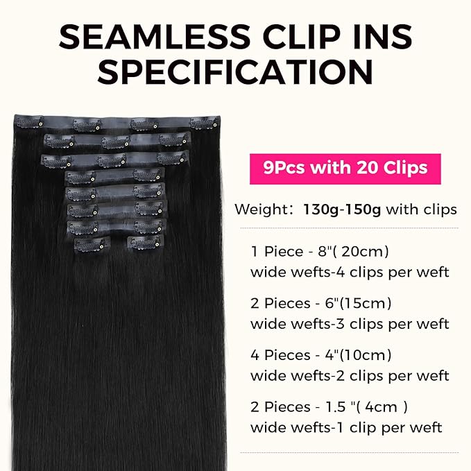 Lashey Seamless Clip in Hair Extensions Human Hair 130g 9pcs #1 Jet Black Straight 18 Inch Clip in Hair Extensions with PU Soft Invisi Edge