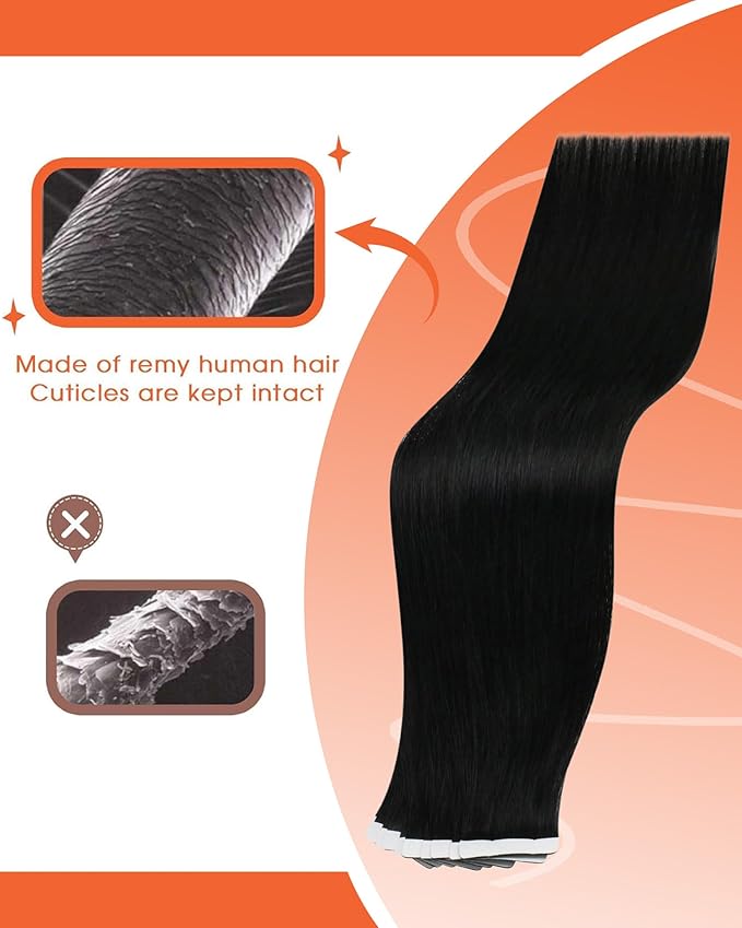 Sunny Hair Tape in Hair Extensions Real Human Hair Invisible Remy Hair Extensions Tape ins for Women Jet Black 20 inch 25G