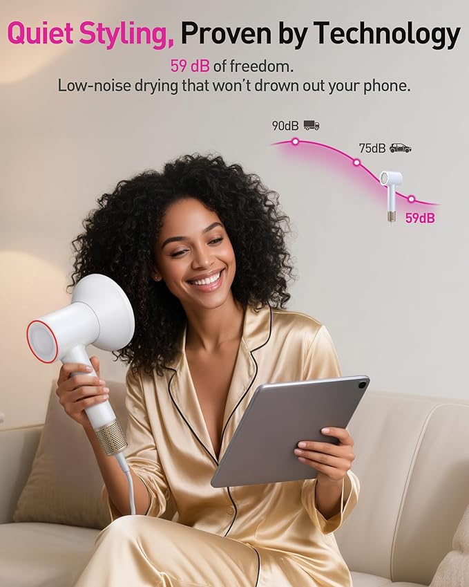 High-Speed Hair Dryer, 160,000 RPM Brushless Motor for Ultra-Fast Drying,500M Ionic Negative for Frizz Reduce, Low Noise Thermo-Control Blow Dryer with Diffuser for Curly Hair Women and Men,White