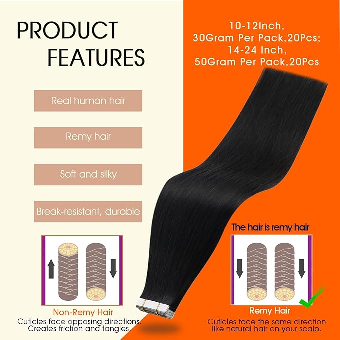 Full Shine Tape ins Human Hair Extensions Off Black Tape in Extensions Double Sided Color 1B Remy Skin Weft Extension Real Human Hair 24Inch Seamless Extension Silky Straight 50g 20Pcs Invisible
