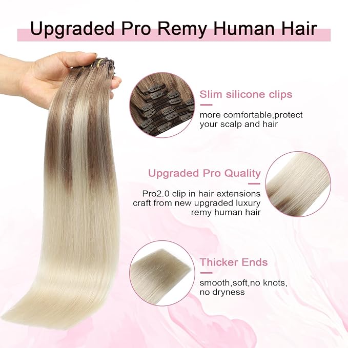 Pro2.0 Remy Clip in Extensions Real Human Hair Color #8/60 Ash Brown to Platinum Blonde Remy Clip in Hair Extensions Real Human Hair 18inch 120g Thick 7pcs Double Weft（#8/60-18inch）