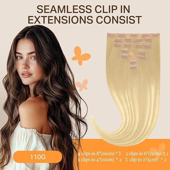 DOORES Seamless Clip in Hair Extensions Human Hair, DirtyBlonde Mixed Platinum Blonde 14 Inch 110g 7pcs, Invisi Edge Hair Extensions Skin Weft Remy Hair Straight Natural Hair