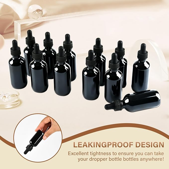 12 Pcs, 2oz Black Glass Eye Dropper Bottle, Tincture Bottles with Leak-Proof Design, Stronger Suction, for All Kinds of Mixed Liquids