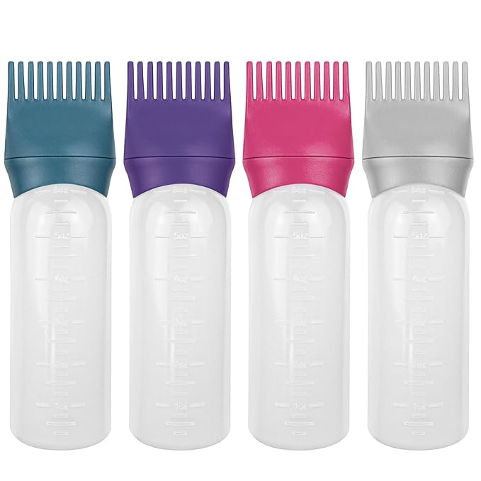 ELANE 4 Pcs Root Comb Applicator Bottle, 6oz, Hair Oil Applicator Bottle for Hair, Dye, Shampoos, Salons, Camping, Traveling (Purple+Grey+Red+Green)
