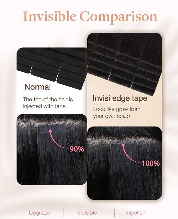 GOO GOO Invisi Edge Tape in Hair Extensions Human Hair, 1B Natural black 10pcs injected with 10pcs classical tape ins, 12inch 40g, Virgin Remy Hair, Natural Look