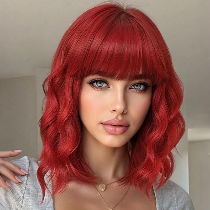 AISI HAIR Red Synthetic Wavy Curly Bob Wig with Bangs Short Wavy Hair for Women Synthetic Heat Resistant Bob Wigs