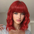 AISI HAIR Red Synthetic Wavy Curly Bob Wig with Bangs Short Wavy Hair for Women Synthetic Heat Resistant Bob Wigs