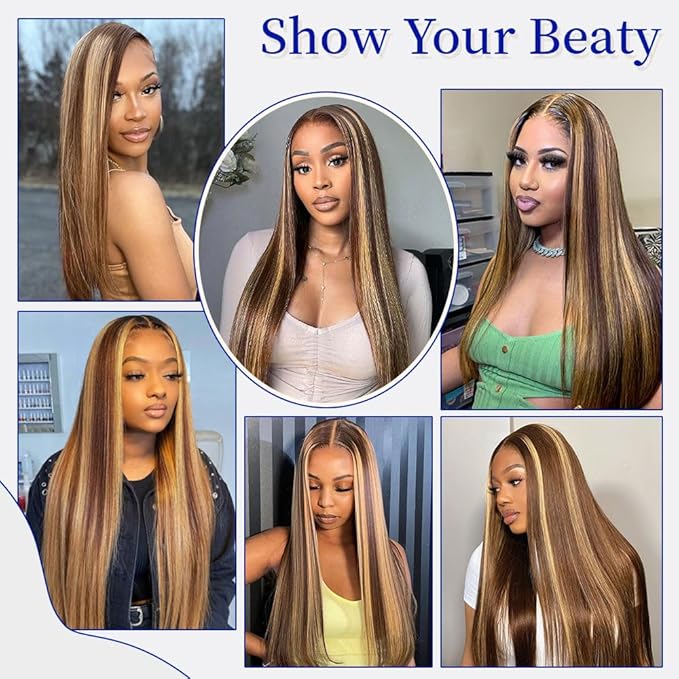13x6 Lace Front Wigs Human Hair Highlight Ombre HD Lace Frontal Wig Pre Plucked Tangle-Free 200 Density Brown 4/27 Colored Real Virgin Human hair Wig Can Last 6-9 Months 28 Inch