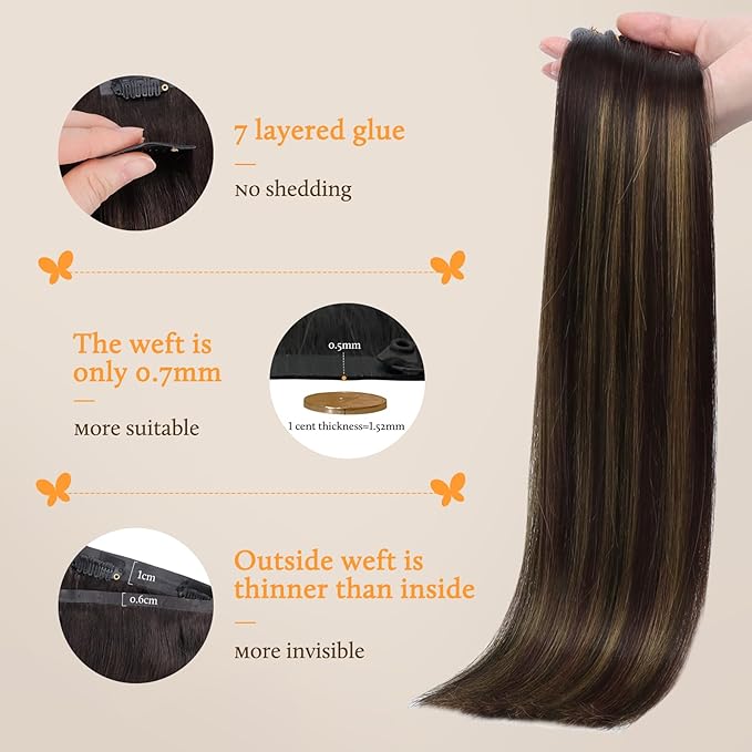 DOORES Hair Extensions Clip in Human Hair, Dark Brown to Chestnut Brown 9pcs 130g 14 Inch, Remy Seamless Clip in Extensions Straight Thick Invisi Edge Weft