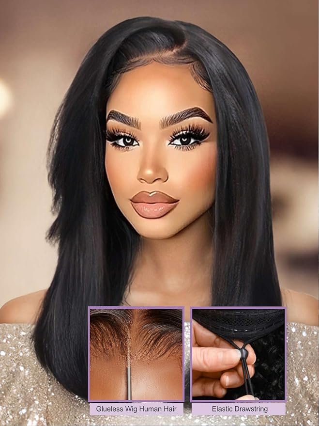 Yiroo Light Yaki Straight Wig Human Hair with Side Swept Bangs,7x5 Lace Front Bye Bye Knots Glueless Wig Human Hair Pre Plucked Pre Cut,Elastic Drawstring Wear and Go Wig for Women 150% Density 16Inch