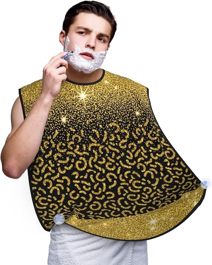 Non-Stick Beard Bib for Shaving, Black Gold Glitter Cheetah Leopard Print Shave Bib, Waterproof Hair Catcher with Suction Cups, Grooming Apron Men Husband