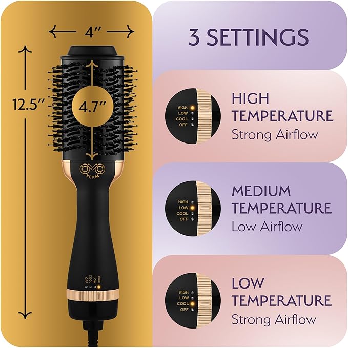 Professional Blowout Hair Dryer Brush, Black Gold Dryer and Volumizer, Hot Air Brush for Women, 75MM Oval Shape (Black Gold)