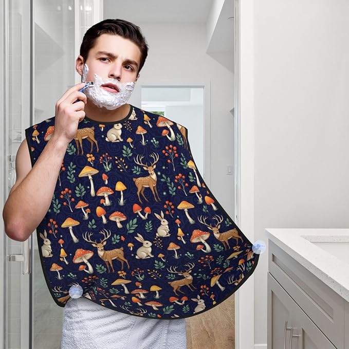 Beard Grooming Cape, Waterproof Hair Catcher for Shaving Trimming, Non-Stick Bib Apron Gifts for Dad Men, Wild Animals Deer Rabbit Magic Mushrooms Shave Bib