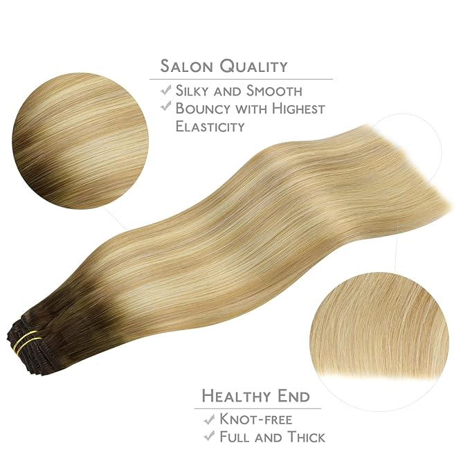 WENNALIFE Clip in Hair Extensions Real Human Hair, 16 Inch 120g 7pcs Human Hair Extensions Clip In Human Hair, Balayage Light Ash Brown to Light White Blonde Hair Extensions Clip In Real Hair Coloured