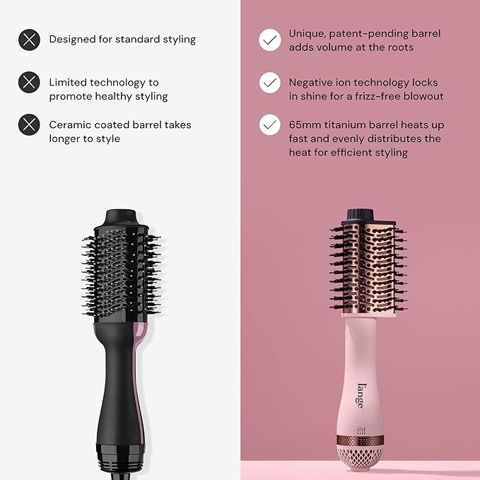 L'ANGE Hair Le Volume Elevé 65MM 2-in-1 Titanium Brush Dryer | Dry and Style | Unique Teardrop Shape Barrel | 3 Heat Settings | 360° Vented Airflow | Ionic Technology for Frizz-Free Styling (Blush)