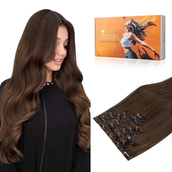 DOORES Human Hair Clip in Extensions, Chocolate Brown 135g 7pcs 16 Inch, Remy Human Hair Extensions Clip in Natural Silky Straight Weft
