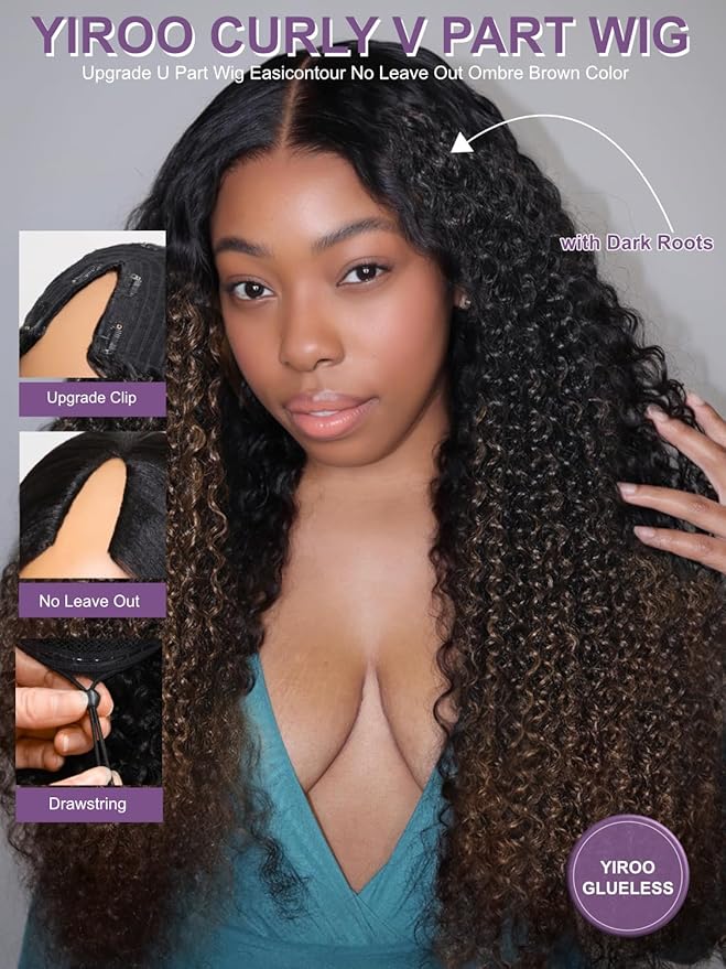 YIROO EasiContour V Part Ombre Brown Human Hair Wig Curly 12A Glueless Upgrade U Part Wig Ombre Black to Chestnut Brown No Leave Out V Shape Clip Wigs Ready to Go 150% Density Beginner Friendly 24Inch