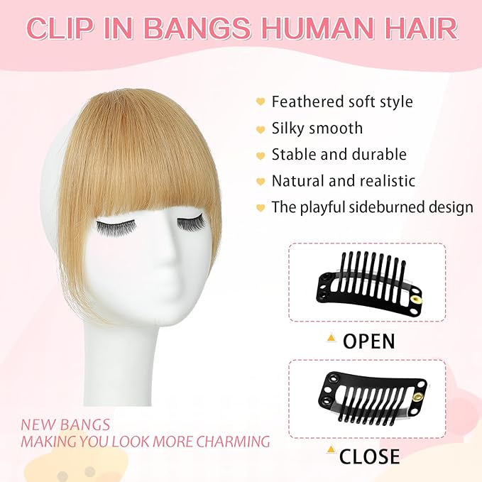 Clip in Bangs 100% Real Human Hair, French Bangs Hair Clip, Fake Bang Fringe with Temples Hairpieces for Women Daily Wear (Ash Blonde, French Bangs)