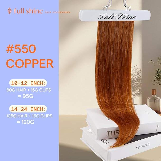Full Shine Copper Clip in Hair Extensions Invisible Clip in Extensions for Women Light Copper Hair Extensions Triple Weft 20 Inch 7 Pcs 120 G