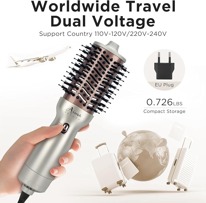 Aima Beauty 4 in 1 Worldwide Travel Hot Air Brush Dual Voltage Blowout Brush Oval Shape 110V-120V/220V-240V Straightener Blow Dryer Brush Ionic Lock Moisture Gift 360° Swivel Cord Champagne Silver
