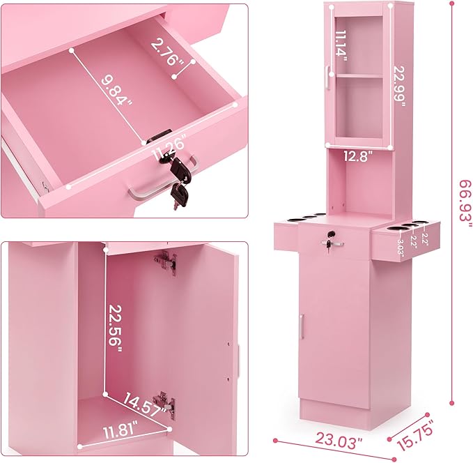Salon Station for Hair Stylist,Hair Styling Storage Cabinet with Glass Door,Tool Dryer Holders, Salon Beauty Spa Barber Hair Staion, Pink