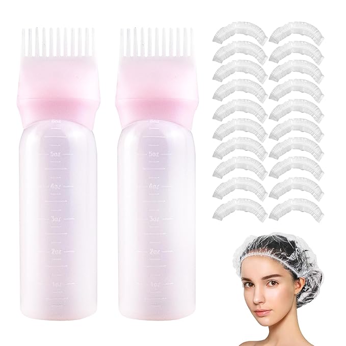 Root Comb Applicator Bottle, 6 Ounce, Hair Oiling Applicator with Graduated Scale (2 Pack+20 PCS Disposable Shower Caps, Pink)