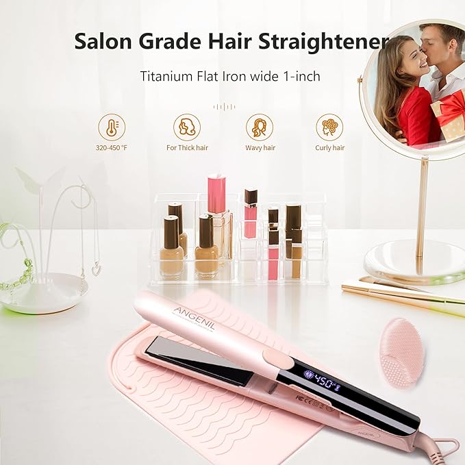 ANGENIL Pro Round Pink Dual Voltage Hair Straightener Irons, Titanium Flat Iron Hair Straightener and Curler 2 in 1 with Heat Resistant Silicone Mat, Smoothness, Large LCD Display, 20S Fast Heat Up