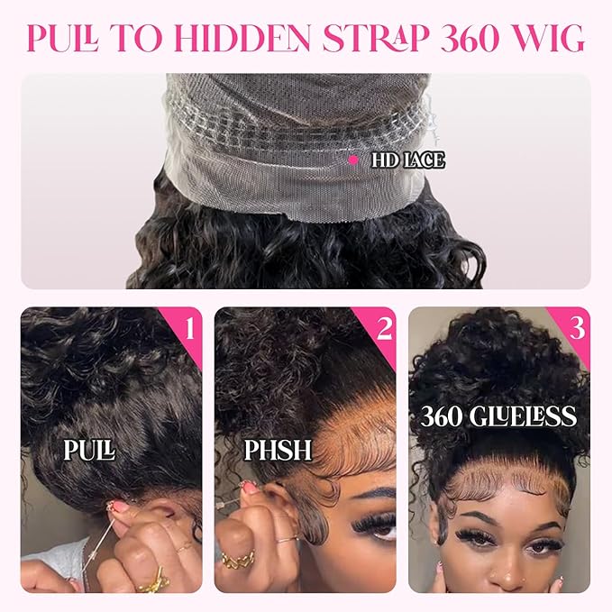 360 Glueless Wigs Human Hair 26 Inch Pre Plucked Hidden Strap Deep Wave Lace Front Human Hair Wigs With Drawstring 180 Density Wet and Wavy HD Full Lace Front Wigs Human Hair