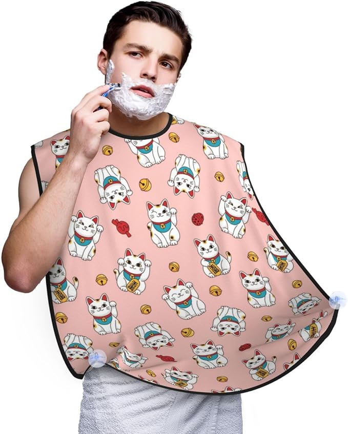 Beard Bib Apron for Men Shaving, Waterproof Non-Stick Hair Catcher with Suction Cups, Grooming Essential for Dad Husband, Japanese Cute Lucky Cat Pink Shave Bib
