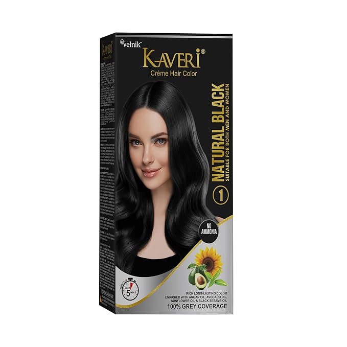 Kaveri Creme Hair Color Permanent Hair Dye Color - With Improved Creme Formula for 100% Gray Coverage Ammonia Free Hair Color Dye for Rich Bright Long lasting (Natural Black, 3.04 Fl Oz)