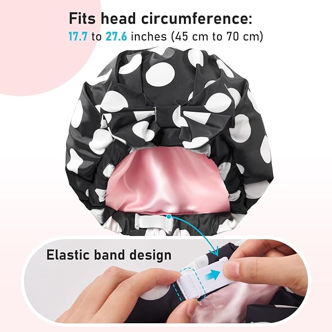 LitBear Luxury Silk Lined Shower Caps for Women Reusable Waterproof, Double Layered Large Bathing Hair Cap with Adjustable Elastic Strap, Non-slip, Quick-dry, for Long Short Hair, Black Dots