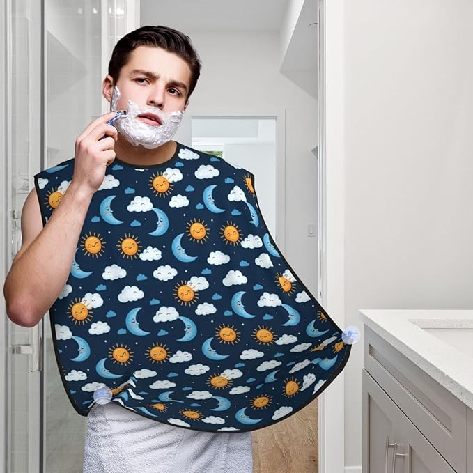 Beard Hair Catcher for Men, Waterproof Shaving Bib Apron Non-Stick, Trimming Tool for Dad Husband, Blue Sky Camo Boho Sun Moon Shave Bib
