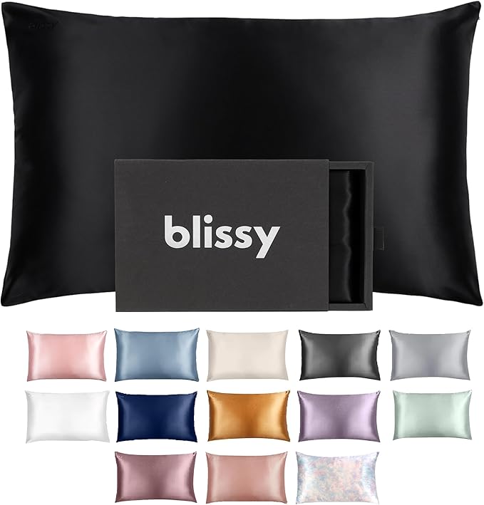 Blissy Silk Pillowcase - 100% Pure Mulberry Silk - 22 Momme 6A High-Grade Fibers - Silk Pillow Cover for Hair & Skin - Regular, Queen & King (Black, Queen)