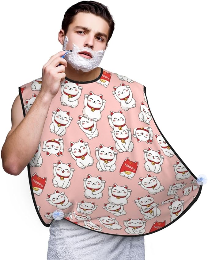 Waterproof Grooming Apron, Non-Stick Beard Bib with Suction Cups, for Cute Lucky Cat Pink