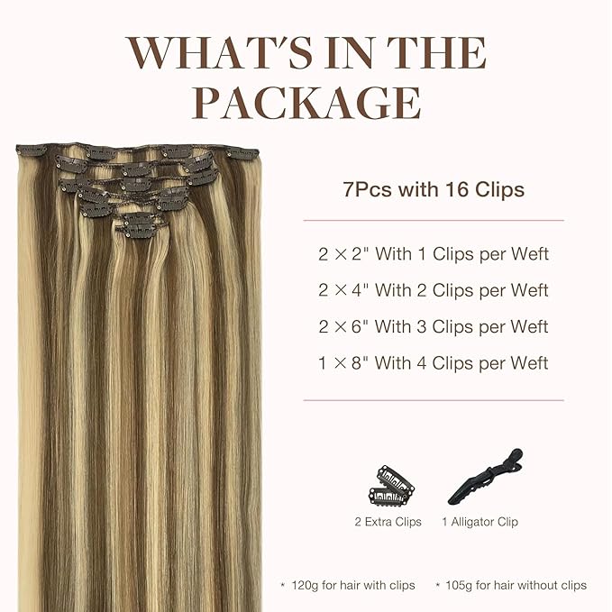GOO GOO Clip in Hair Extensions Real Human Hair, Remy Human Hair Extensions Clip ins for Women, Natural Human Hair, 14inch 120g 7Pcs, 8A/22 Medium Brown Highlighted Golden Blonde