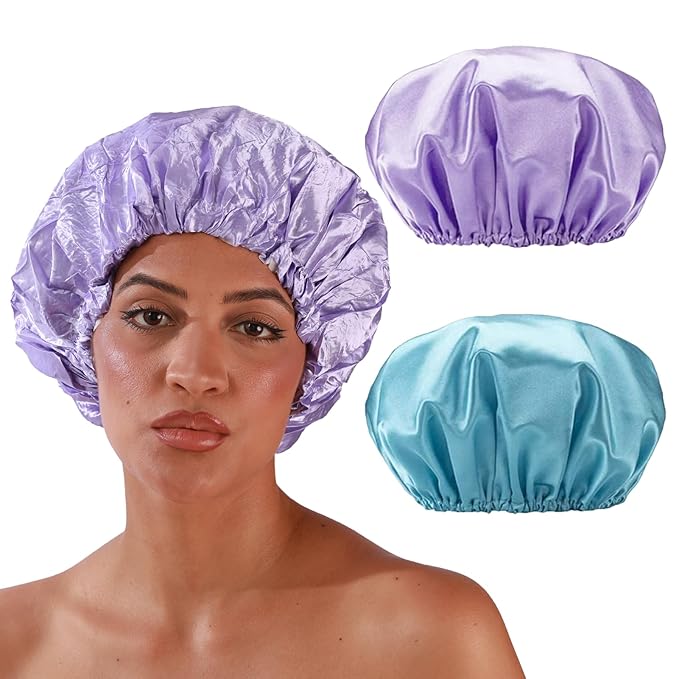 Smilco 2 Pack Shower Caps for Women, Reusable Waterproof Double Layer Bath Cap, Large EVA Elastic Hair Cover for Shower, Fits Long Hair & Braids, for Spa & Home