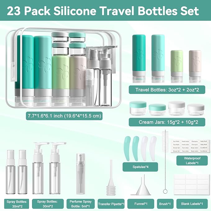 INSFIT 23 Pack Travel Bottles for Toiletries, TSA Approved Silicone Travel Size Toiletries with Toiletry Bag, BPA Free Leak Proof Refillable Travel Essentials for Liquids Shampoo Conditioner Lotion