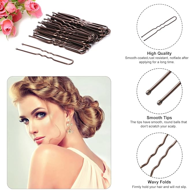 U Shaped Hair Pins, 200 Count Buns Waved Hair Pins for Updos with Box for Women Lady Girls Bobby Pins French Historical Hair Styling Pins Hair Accessories (Brown, 2.4 Inch)
