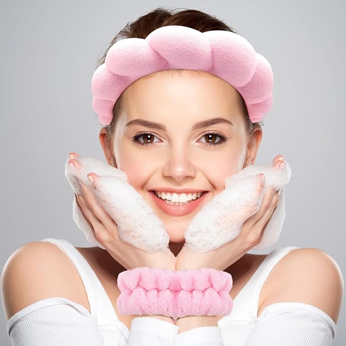 Zkptops Spa Headband for Washing Face Wristband Set Sponge Makeup Skincare Headband Terry Cloth Bubble Soft Get Ready Hairband Women Girl Puffy Padded Headwear Non Slip Thick Hair Accessory(Pink-2)
