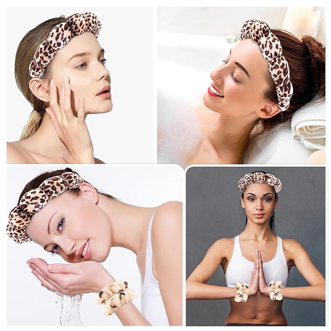 Zkptops Spa Headband for Washing Face Wristband Set Sponge Makeup Skincare Velvet Fabric Bubble Soft Get Ready Hairband for Women Girl Puffy Padded Headwear Non Slip Thick Hair Accessory(Leopard 1)