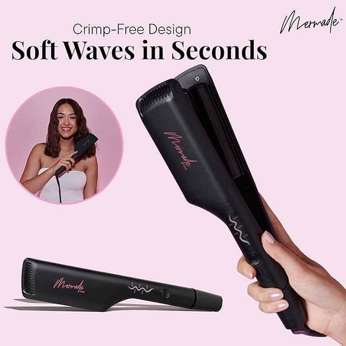 Mermade Hair Double Hair Waver Tool - Double 1" Barrel Iron for Crimp-Free Beach Waves, Hair Curler for Women, Ionic Ceramic Plates, Reduces Frizz, Suitable for Short, Medium, & Long Hair - Black