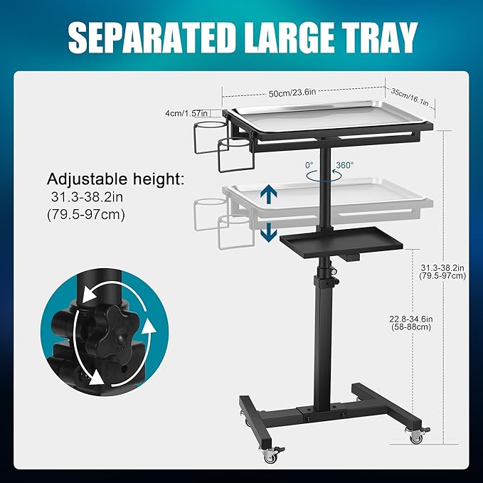 POARMEEY Stainless Steel Tattoo Tray with Wheels Trolley Adjustable Height Tattoo Workstation Rolling Tray for Studio Salon & Spa