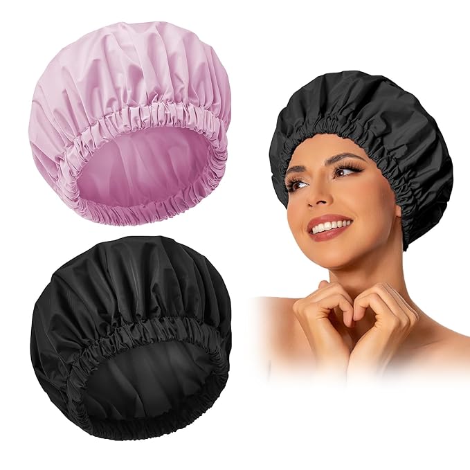 Reusable Shower Cap for Women, Large Waterproof Shower Bonnet Washable Elastic Band Bath Accessories Hair Hat for Long Hair, Braids(Black&Purple)